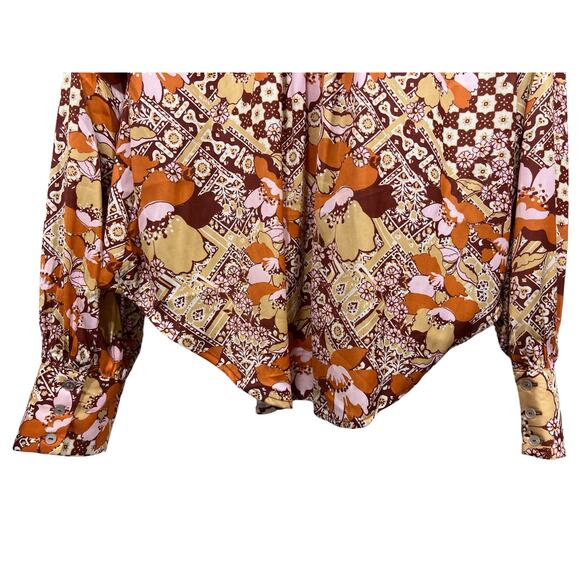 Free People Top Womens XS Satin Warm Tone Floral Print U-Neck Collared Blouse - Picture 9 of 13